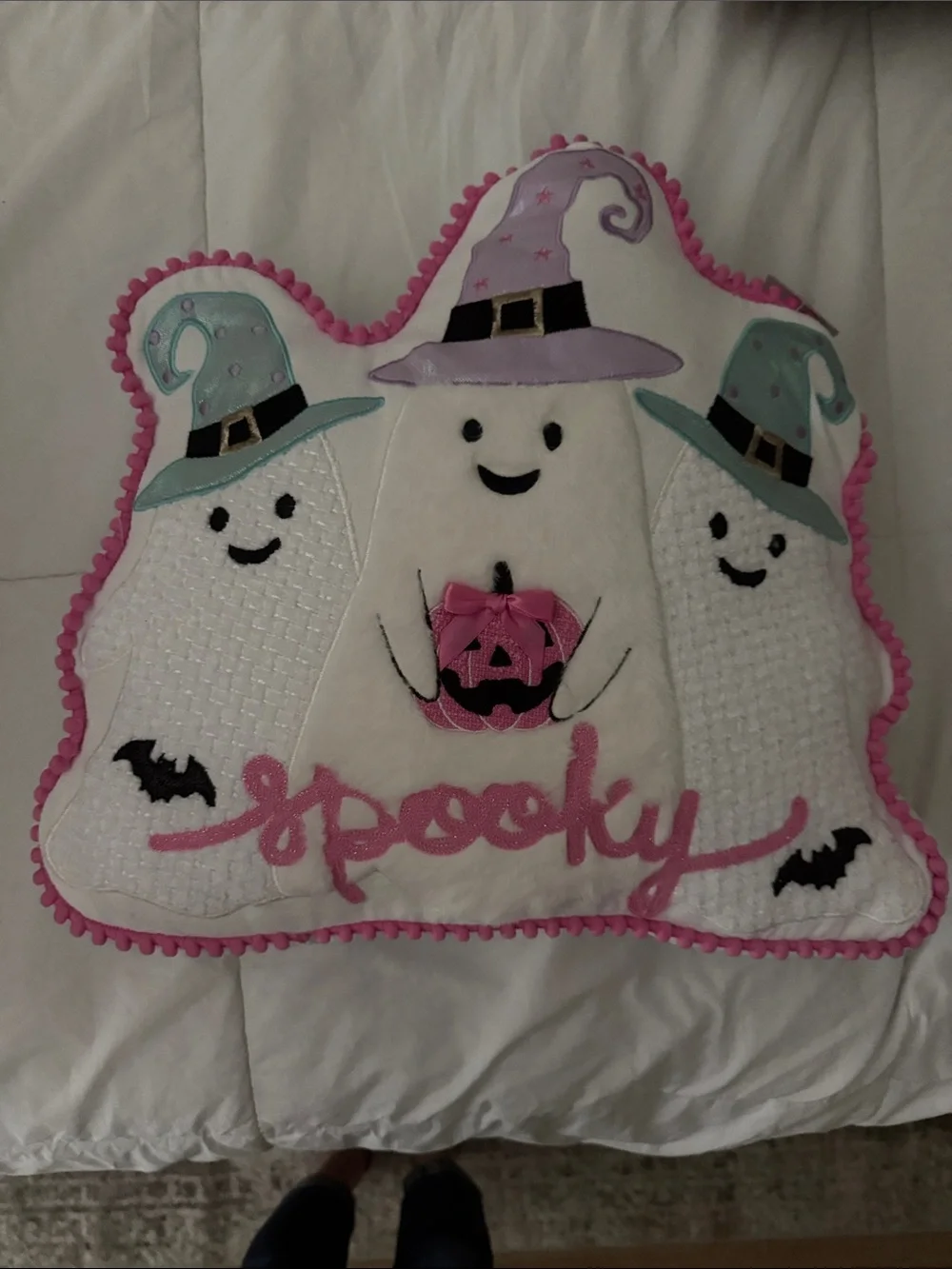 Spooky Pink & White Ghost Pillow 15x17